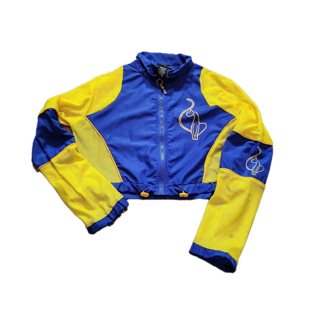 Y2K Baby Phat Cropped Windbreaker Jacket Blue Yellow Mesh Logo Cat Zip Up M Rare